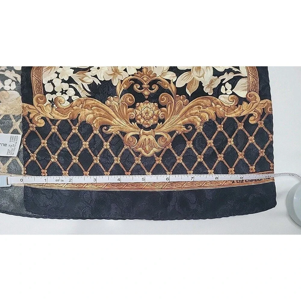 Vintage Liz Claiborne Silk Scarf Oblong Black Gold Baroque Floral Lattice Long